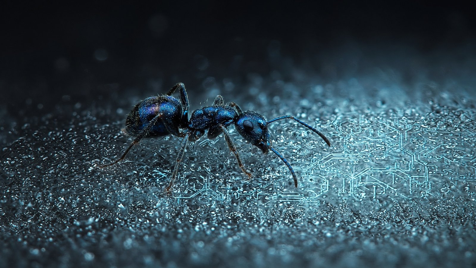 An iridescent ant crossing frost that looks like circuit traces.